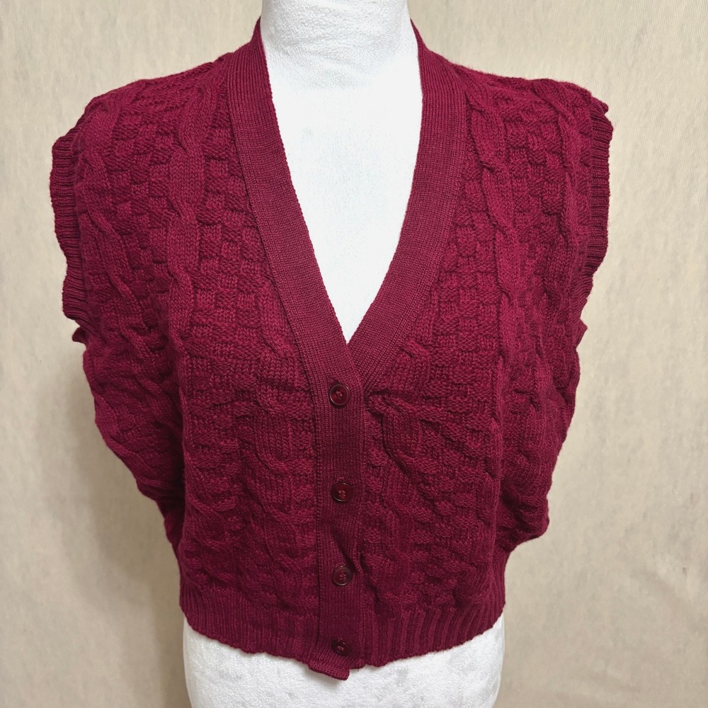 Pendleton Sweater Vest Burgundy Cable Knit Wool Button Up Vtg Academia Granny M
